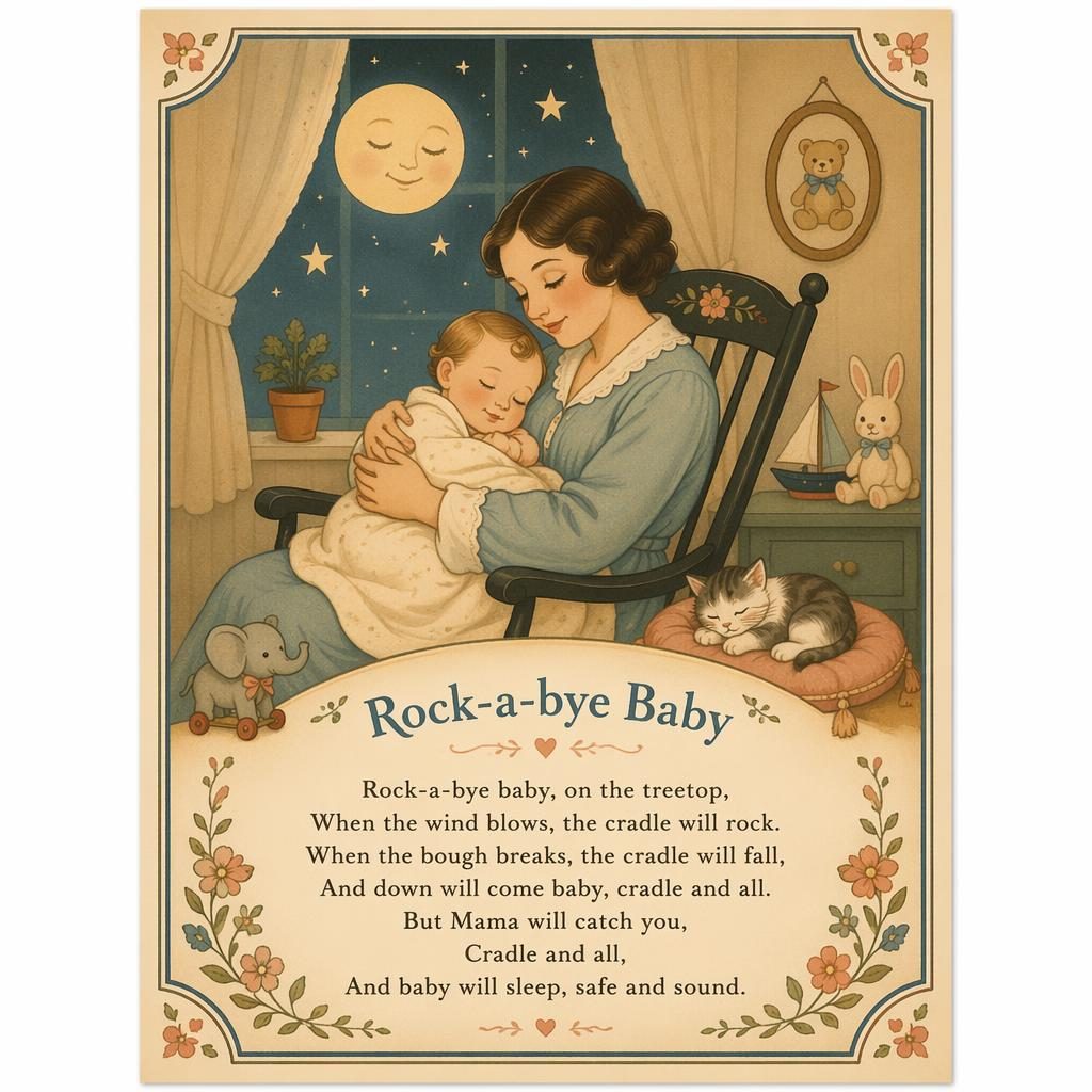Póster infantil vintage años 30 con escena tierna de canción de cuna, borde decorativo y texto al pie en paleta suave.