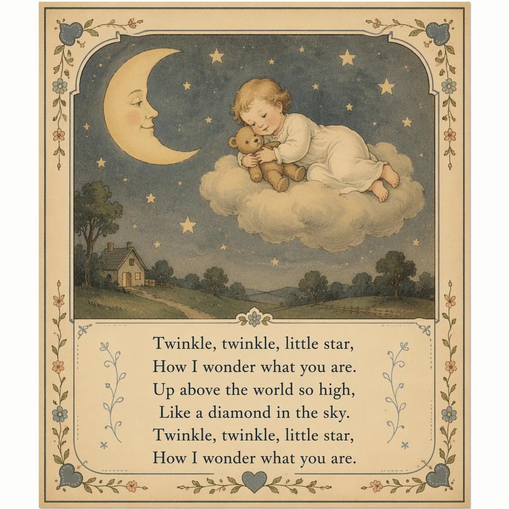 Vintage-style nursery rhyme poster with a gentle illustrated scene, muted 1930s palette, decorative border, and lyrics area.