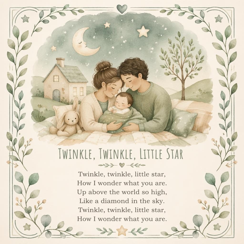 Watercolor nursery wall poster in sage and beige with a gentle illustrated rhyme scene, decorative border, and lyrics at bottom.
