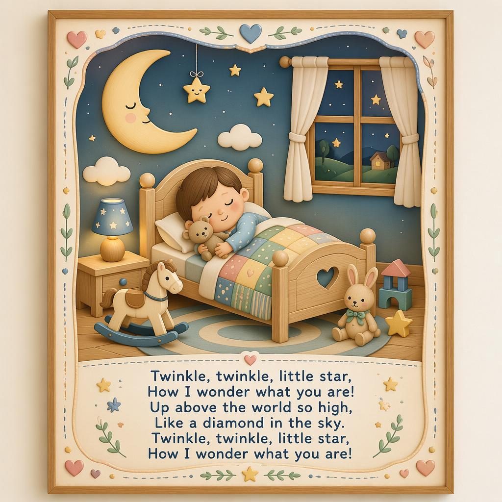 Pastel nursery rhyme poster with wooden toy aesthetic, cozy border, illustrated scene, and lyric area at the bottom.