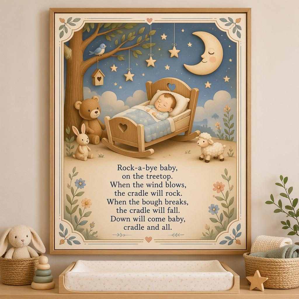 Illustrated nursery rhyme poster with pastel wooden toy style, decorative border, and lyrics area for above changing table decor.