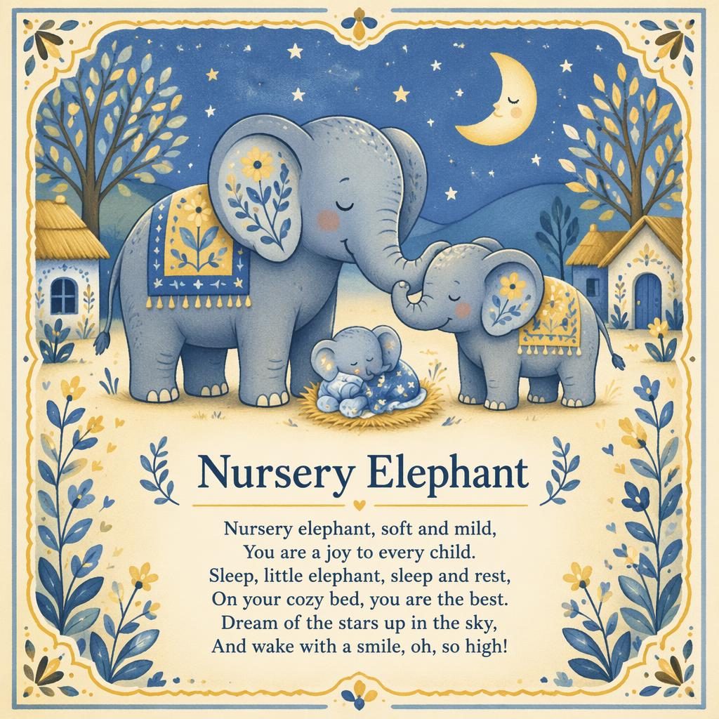 Folk art nursery poster with a gentle elephant in soft yellow and blue, decorative border, and rhyme lyrics area at bottom.