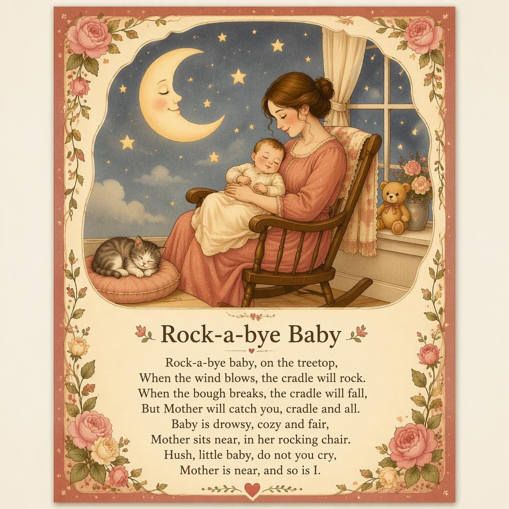 Illustratives Kinderzimmer-Poster im klassischen Märchenbuchstil, creme-rosé, mit Reimszene, Zierrahmen und Textbereich unten.