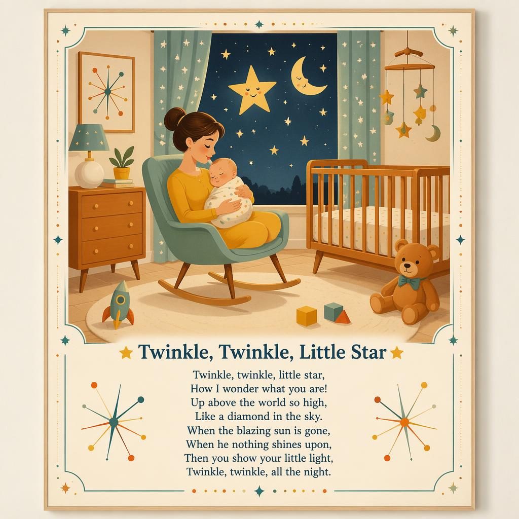 Illustrated nursery poster with mid century modern nursery furniture, pastel playful colors, decorative border, and lyrics area.