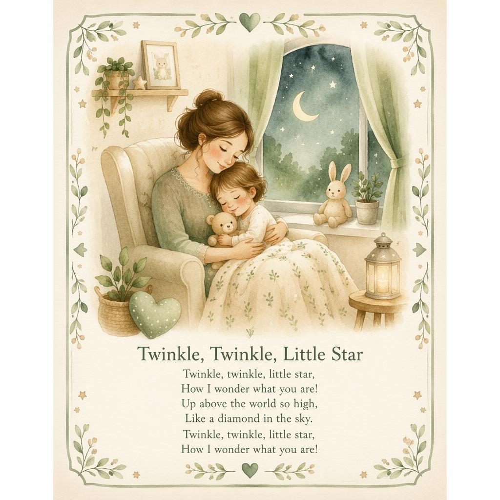 Sanftes Kinderposter im Aquarellstil in Salbei und Beige mit Wiegenlied-Szene, Zierrahmen und Liedtext unten.
