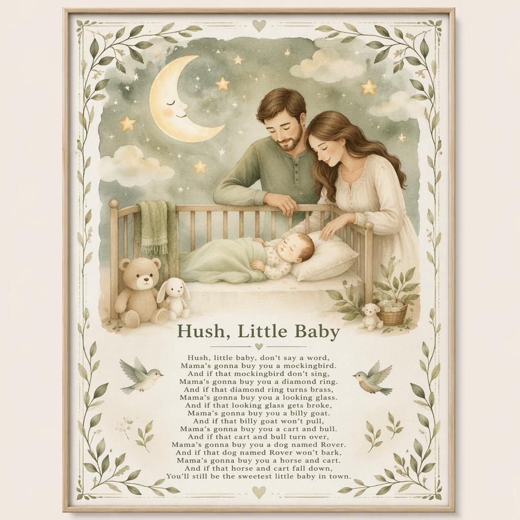 Watercolor nursery wall poster with a gentle illustrated rhyme scene, sage and beige palette, border, and text area below.