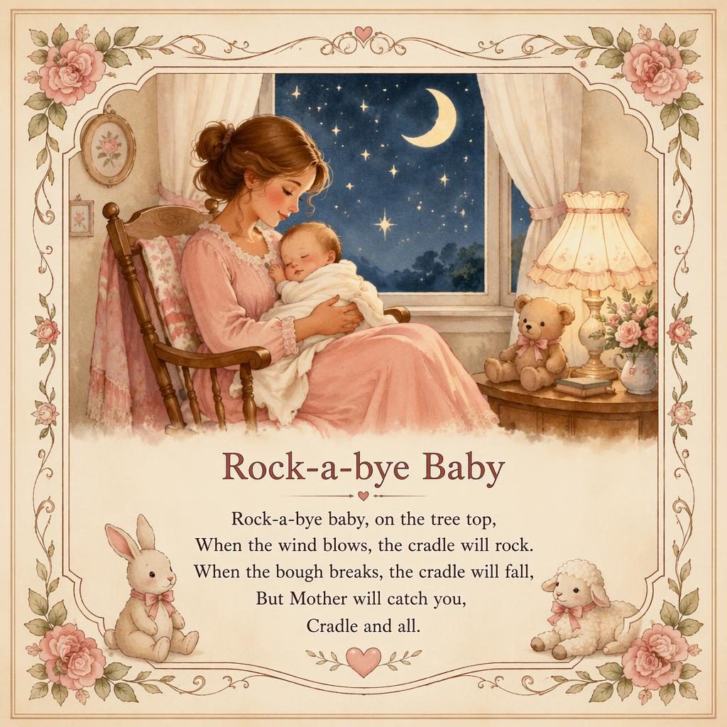 Illustrated nursery wall poster in warm cream and rose tones with a decorative border and clean lyric text at the bottom.