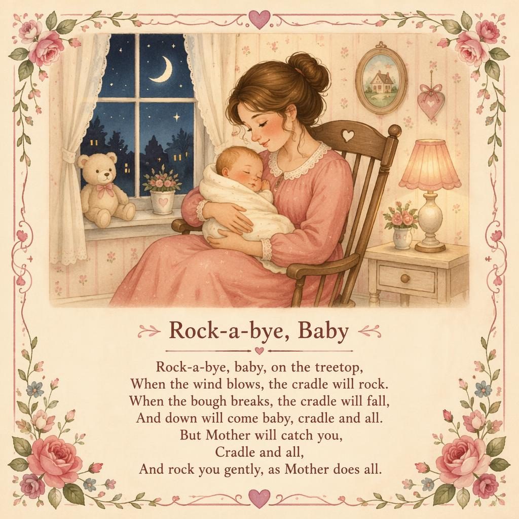 Illustrated nursery wall poster in warm cream and rose tones with a gentle storybook scene, decorative border, and lyrics area at the bottom.