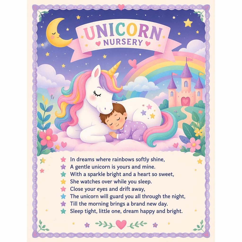 Illustrated unicorn nursery wall poster in pastel modern style with playful colors, decorative border, and lyric area at bottom