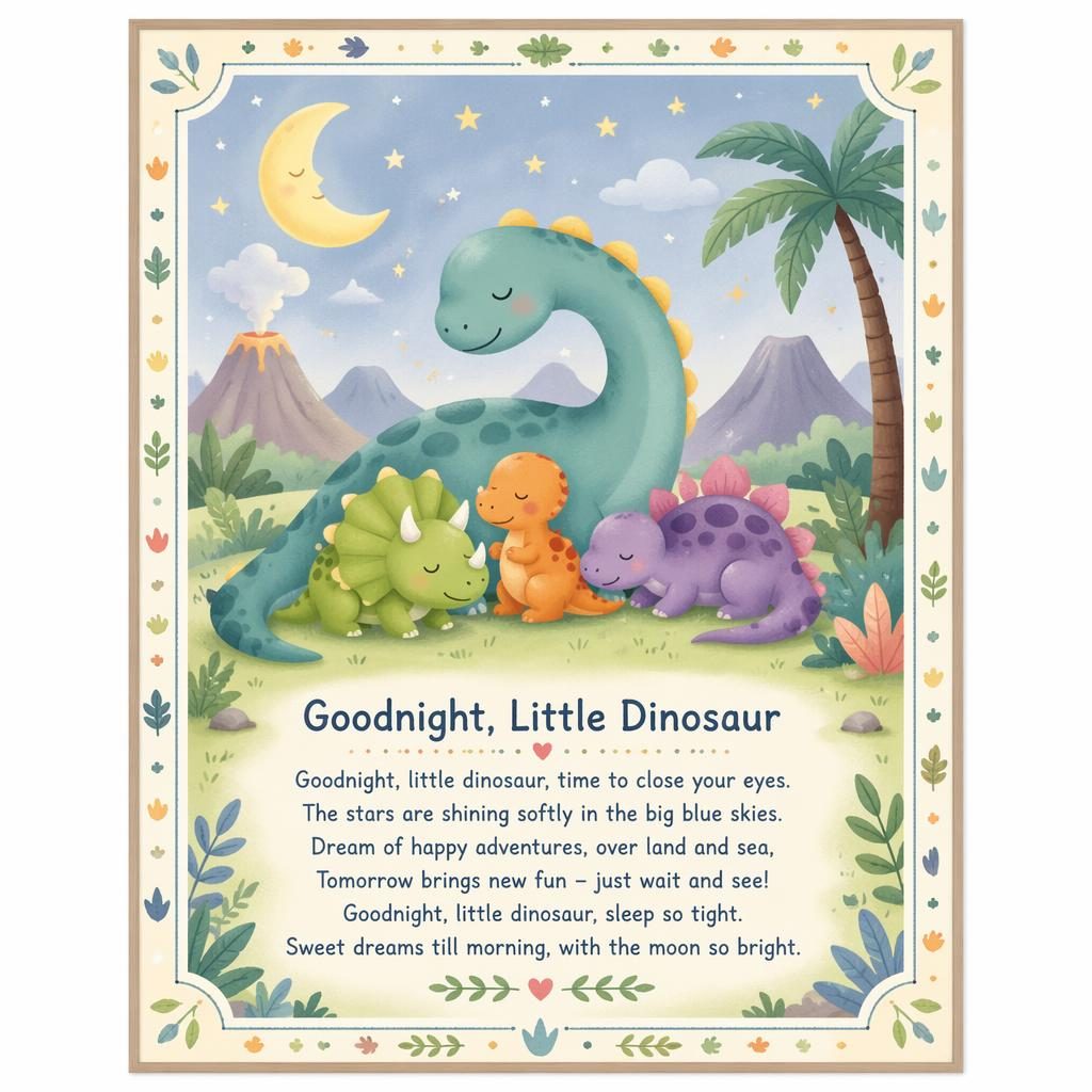 Pastelliges Kinderzimmer-Poster mit niedlicher Dinosaurier-Illustration, Zierrahmen und Liedtextbereich am unteren Rand