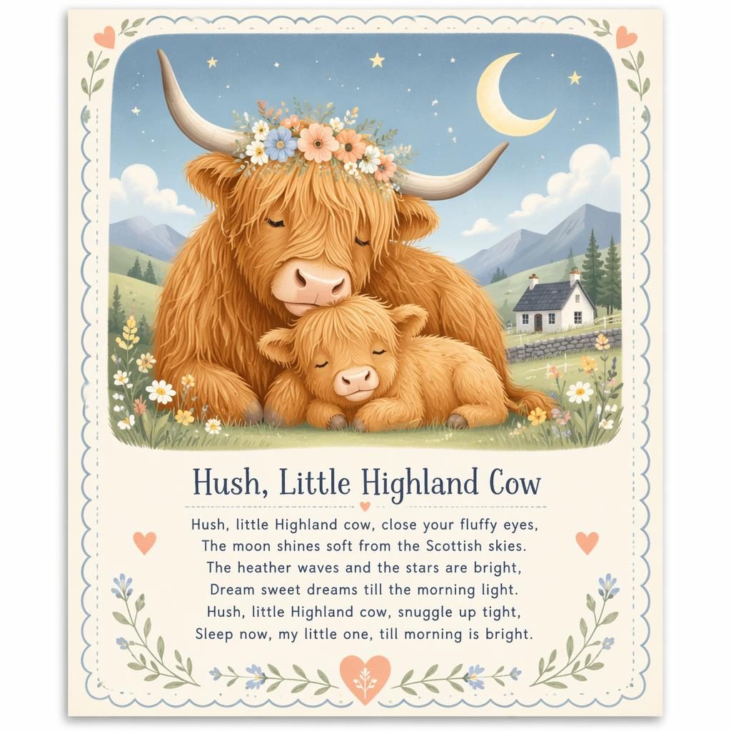 Illustrated nursery wall poster with a pastel highland cow scene, playful colors, decorative border, and rhyme lyrics at the bottom.