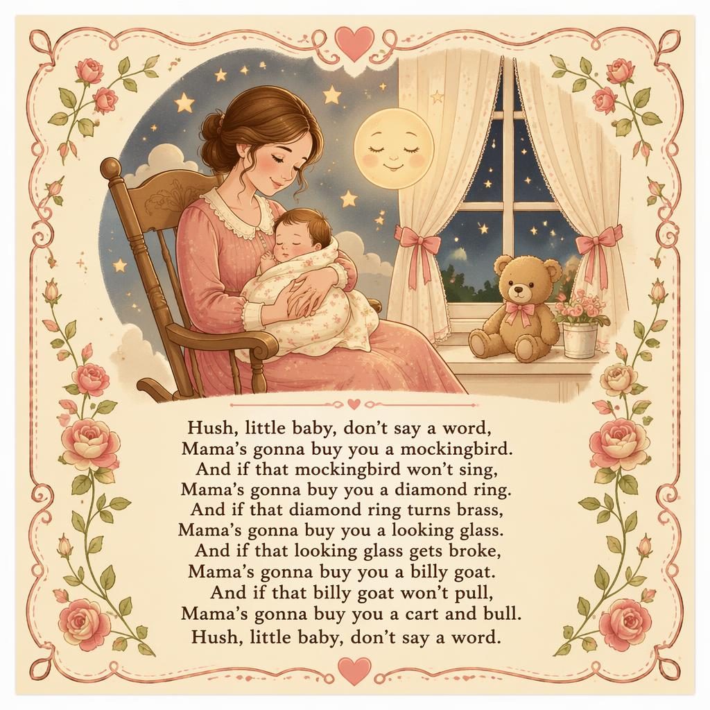 Storybook-style nursery poster with a warm cream and rose palette, decorative border, and lullaby lyrics at the bottom.