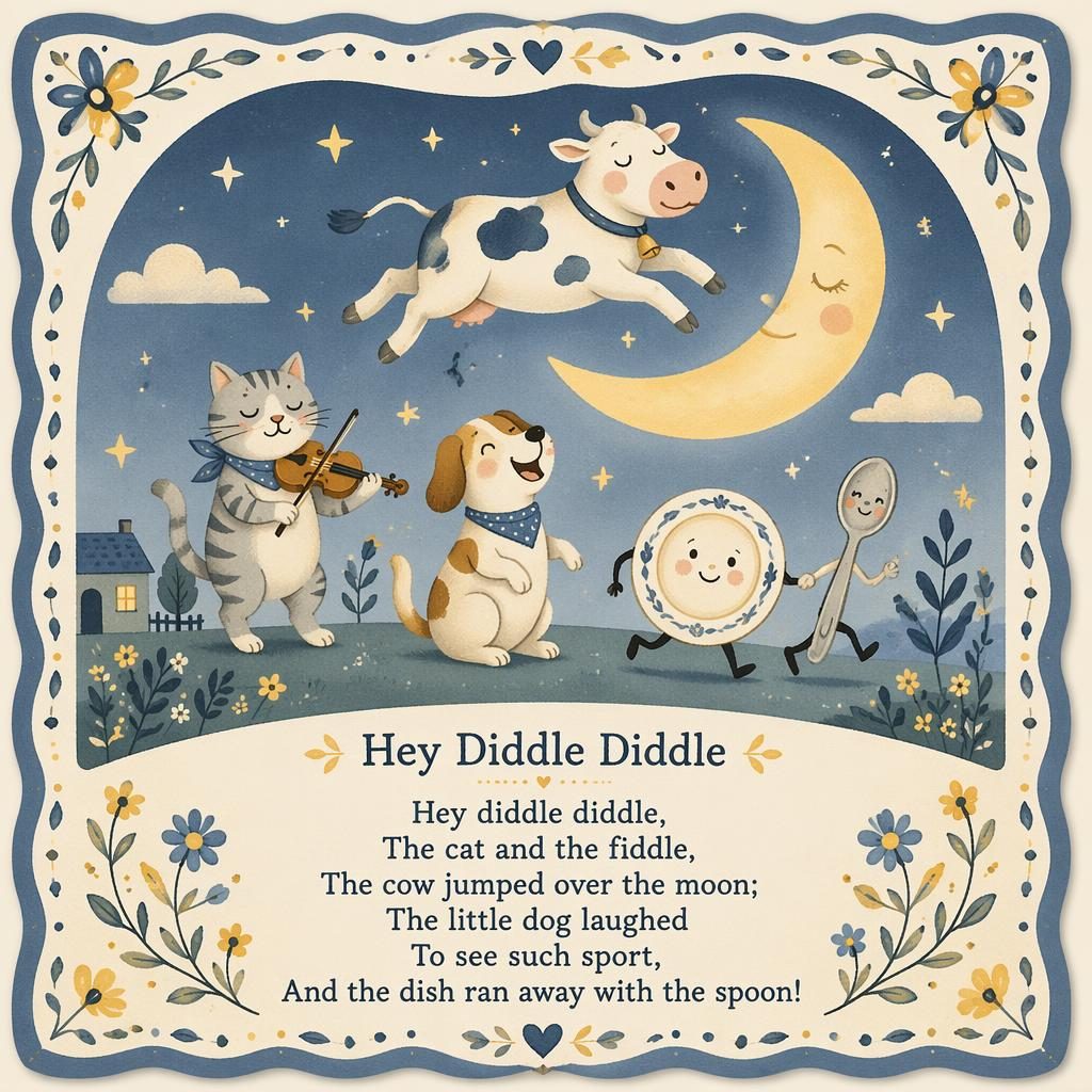 Folk art nursery poster in soft yellow and blue with a gentle illustrated lullaby scene, decorative border, and lyrics at bottom.