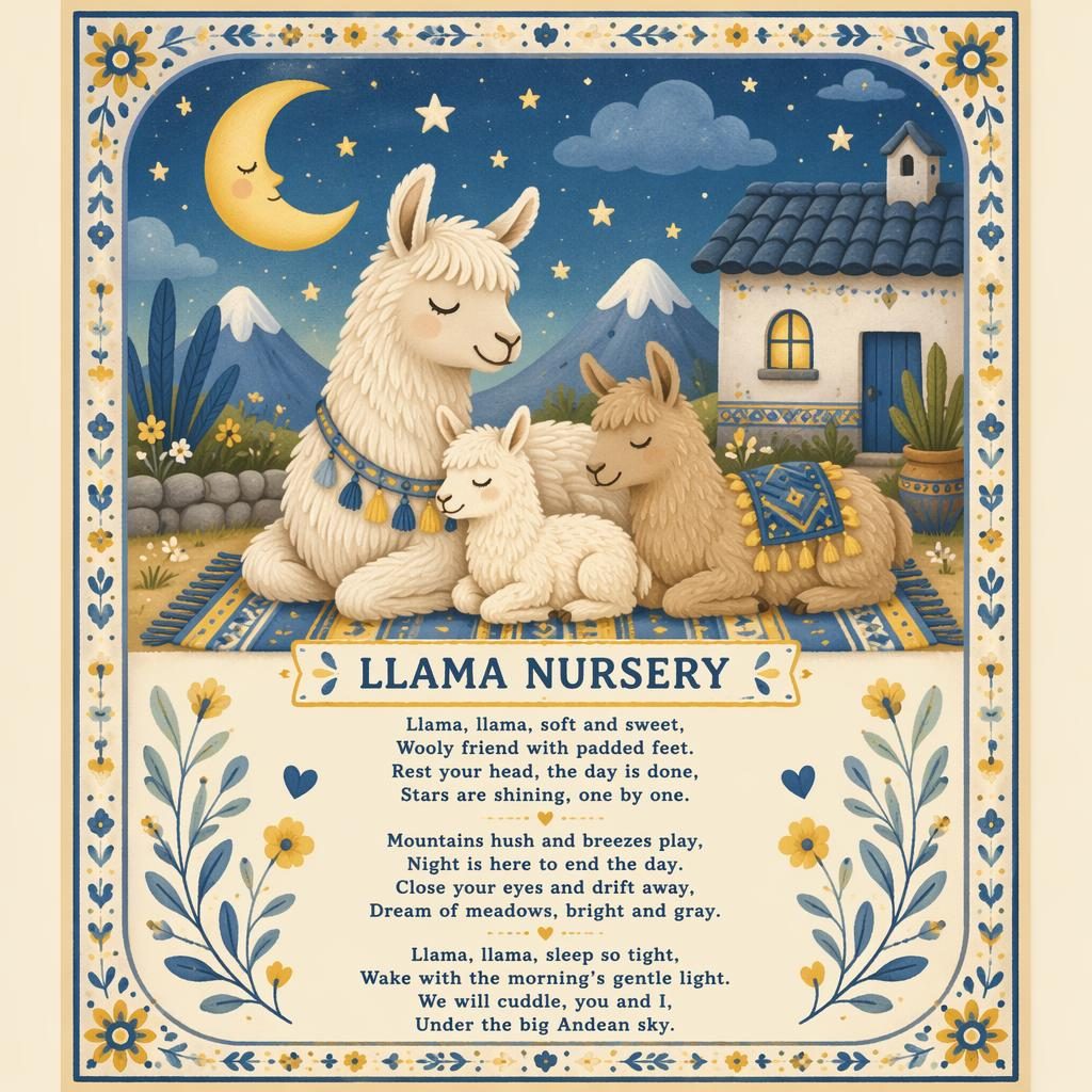 Folk art nursery poster with a gentle llama scene, soft yellow and blue tones, decorative border, and rhyme lyrics at bottom.