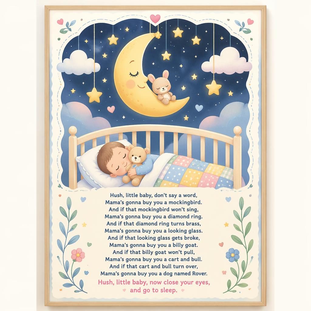 Pastel nursery wall poster with a gentle illustrated rhyme scene, playful border, and clean layout above a crib