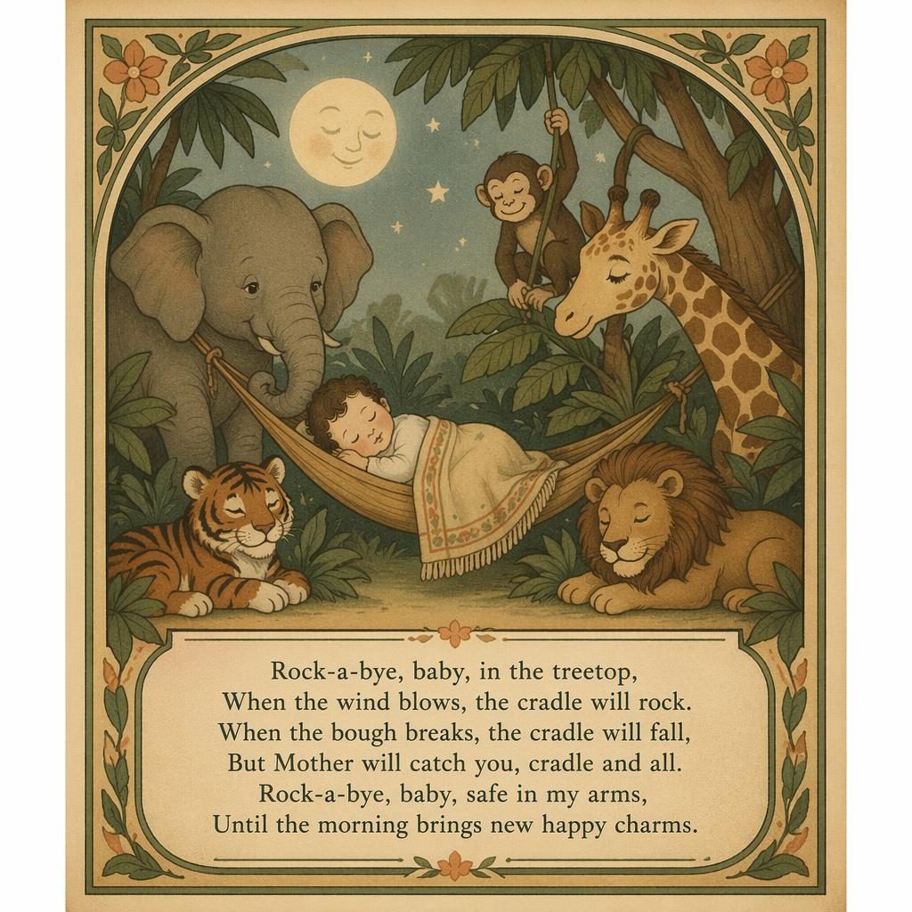 Vintage-style nursery poster with a gentle jungle illustration, muted 1930s palette, decorative border, and rhyme text at bottom.