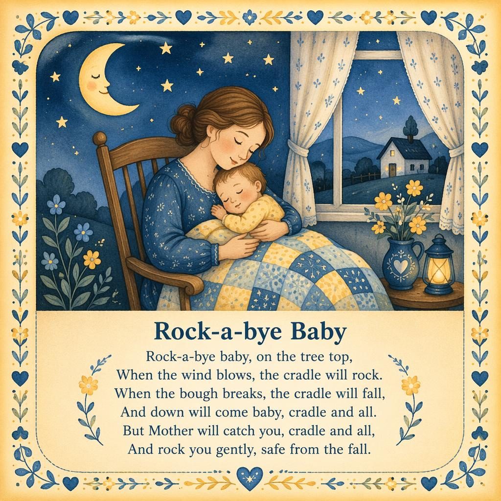 Illustrated nursery rhyme poster in folk art style with soft yellow and blue scene, decorative border, and lyrics area at bottom.