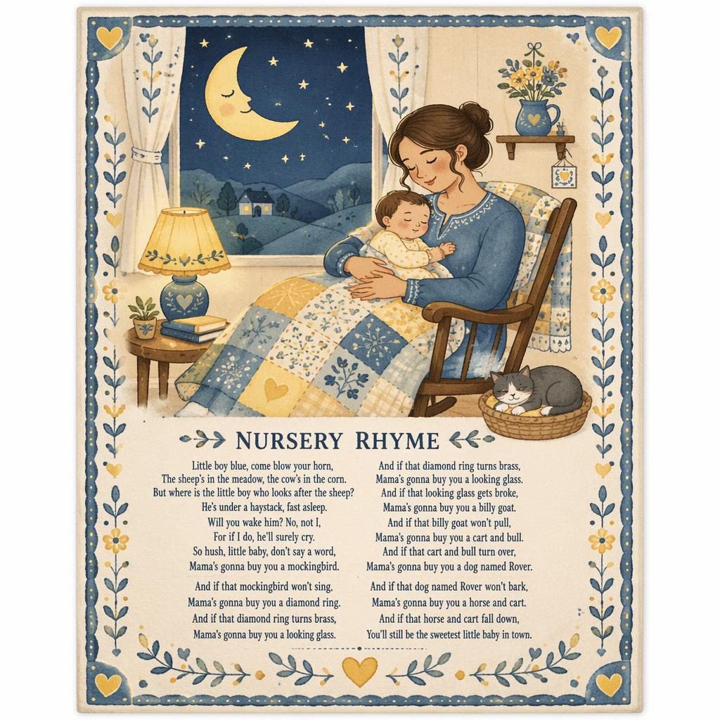 Folk art nursery poster in soft yellow and blue with a gentle illustrated scene, decorative border, and lullaby lyrics at bottom.