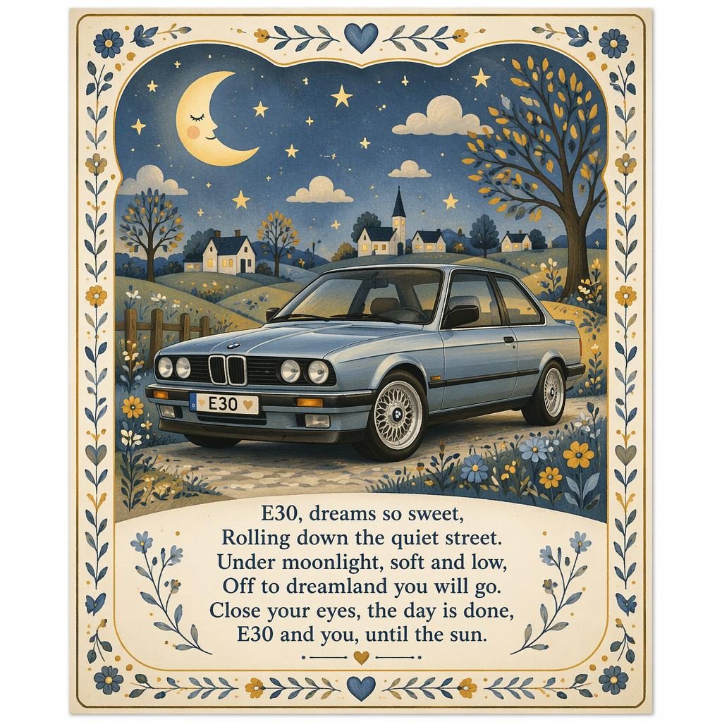 Illustriertes Nursery-Poster im Folk-Art-Stil in Gelb und Blau mit BMW E30, dekorativem Rahmen und Liedtext unten.