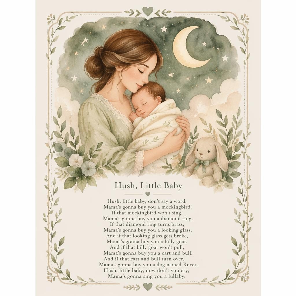 Watercolor nursery poster in sage and beige with a gentle lullaby scene, decorative border, and clean lyric text at bottom.