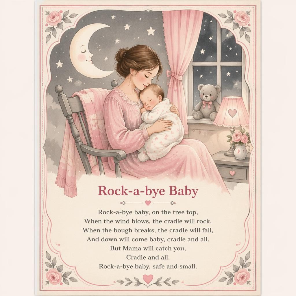 Illustrated nursery poster in pink, gray, cream, and rose with a gentle storybook scene, decorative border, and lyrics area.