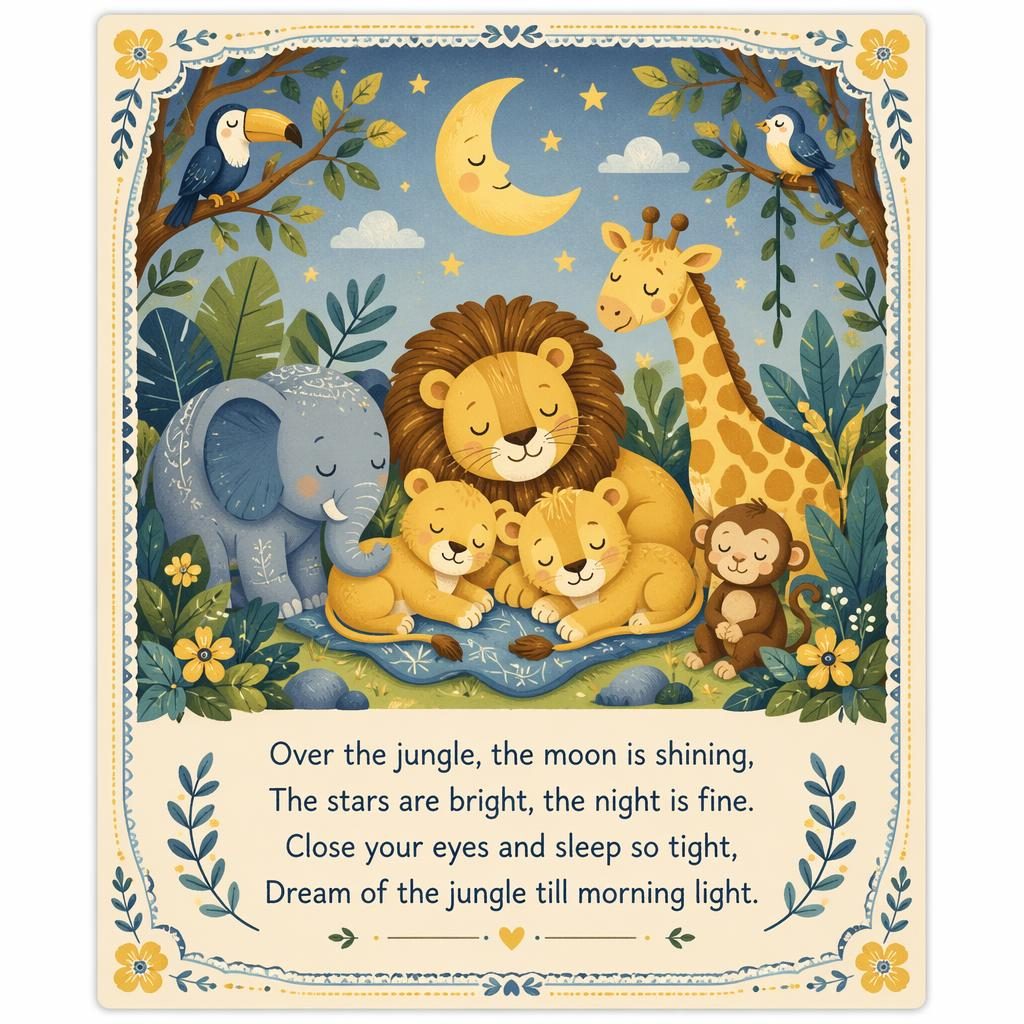 Folk art nursery poster with gentle jungle animals, soft yellow and blue tones, decorative border, and lyric area below.