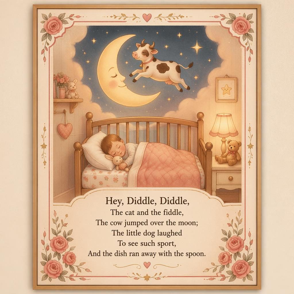 Storybook-style nursery poster with a warm cream and rose scene, decorative border, and lullaby lyrics area beneath.