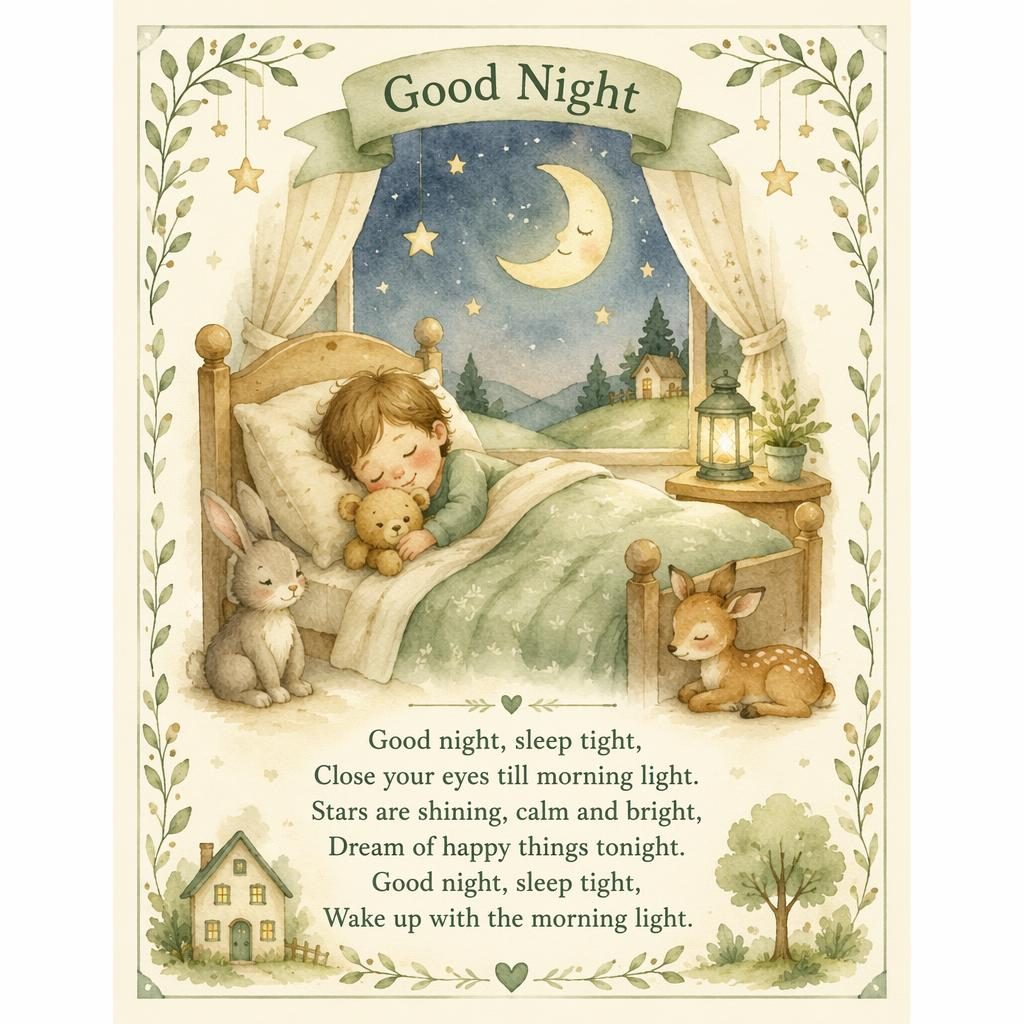 Aquarell-Kinderzimmerposter in Salbei und Beige mit liebevoller Reimszene, Zierrahmen und Liedtext unten