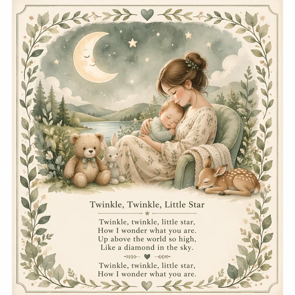 Sanftes Nursery-Poster in Aquarell mit salbei-beiger Szene, Zierrahmen und sauber gesetztem Reimtext am unteren Rand.