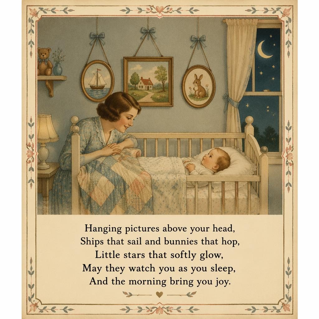 Vintage-style nursery poster with framed pictures above a crib, muted 1930s palette, decorative border, and rhyme text below.