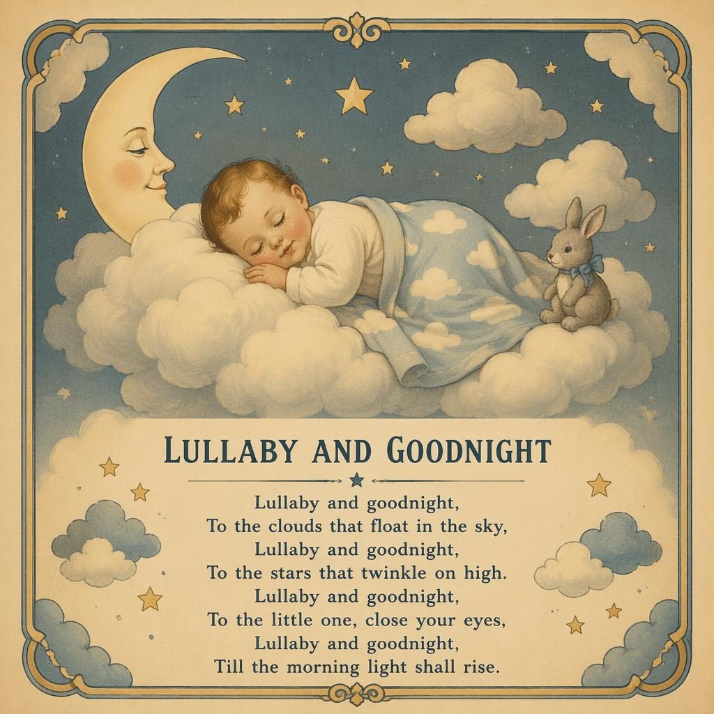 Vintage-style nursery poster with soft clouds, muted 1930s palette, decorative border, and lullaby lyrics area at the bottom