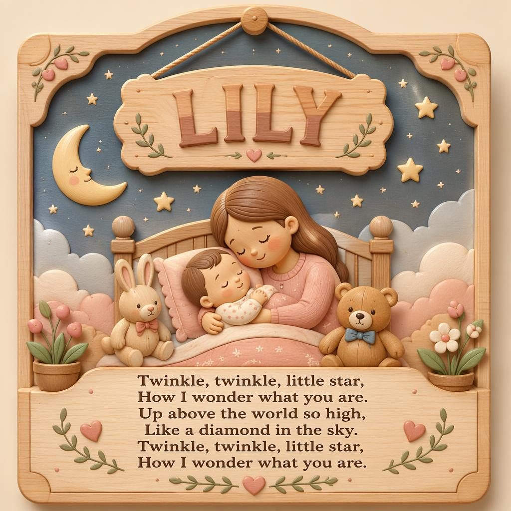 Illustrated nursery wall poster with wooden name signs, pastel toys, decorative border, and clean lullaby lyrics at bottom.