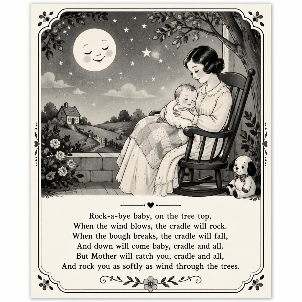 Vintage-style nursery poster with a gentle black and white illustration, muted tones, decorative border, and lyrics at bottom.