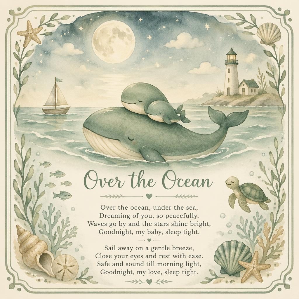 Watercolor nursery poster with ocean animals, sage and beige tones, decorative border, and lullaby lyrics at the bottom.