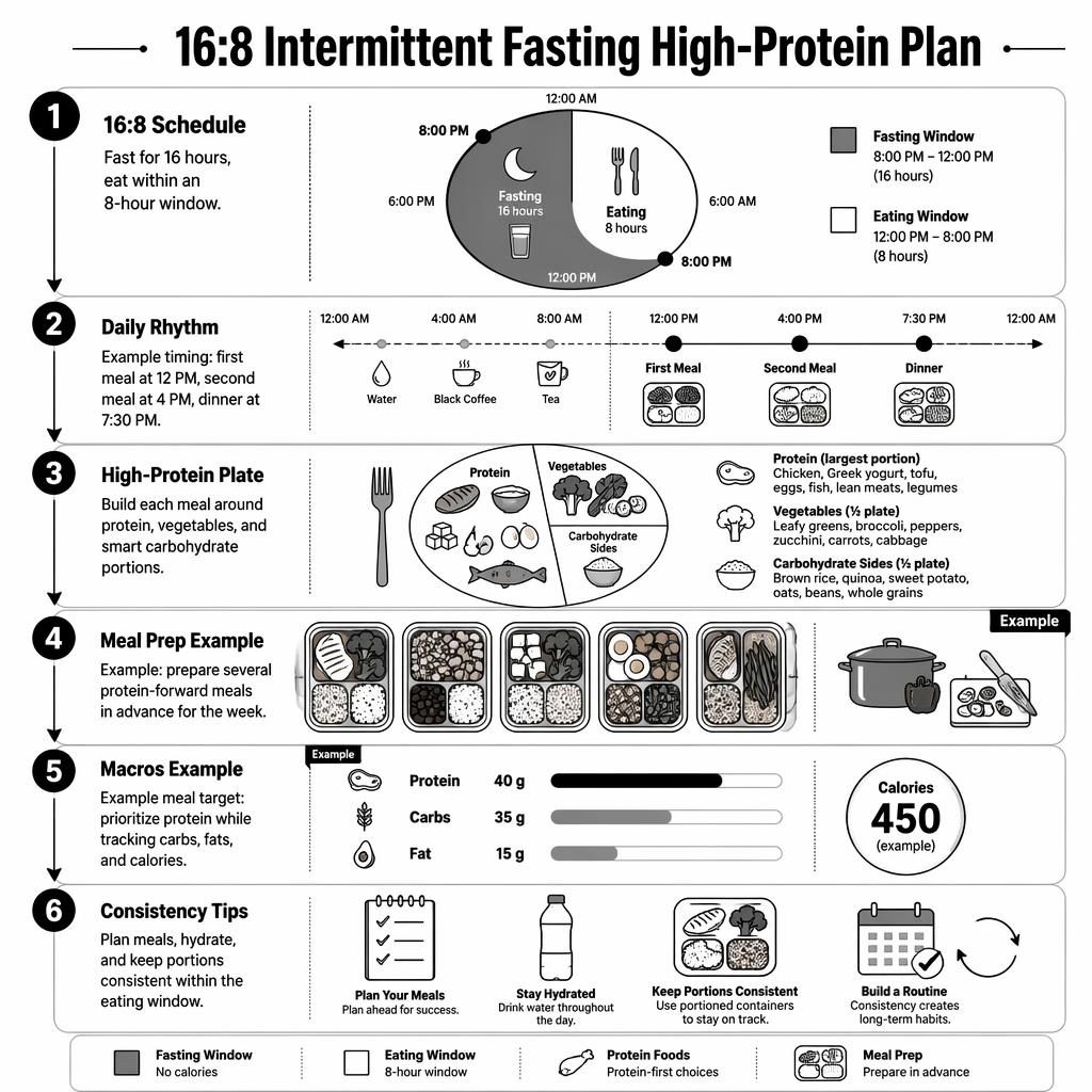 Minimalistische Infografik im Hochformat zu 16:8-Fasten, High-Protein-Mahlzeiten, Meal-Prep-Boxen und Makro-Beispiel.