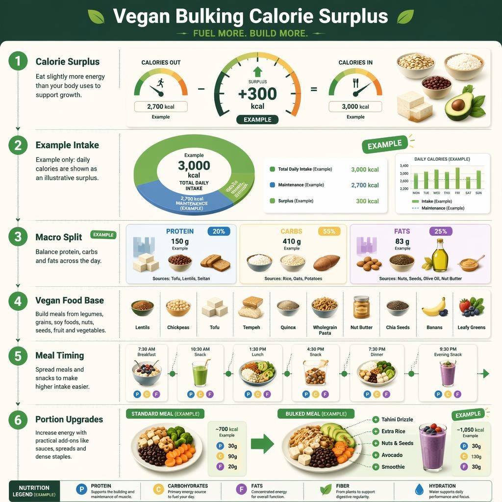 Portrait vegan bulking infographic with 6 dashboard sections on calorie surplus, macros, meal timing, foods and upgrades.
