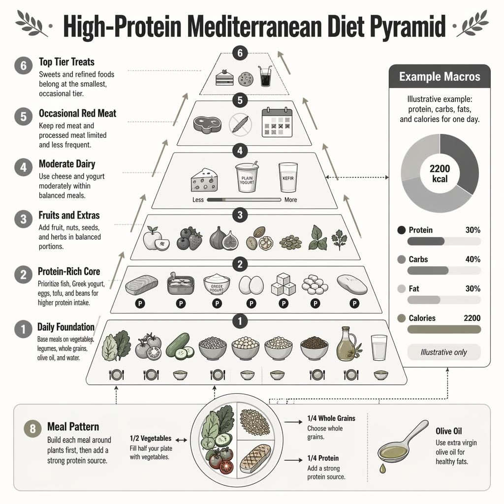 Portrait nutrition infographic of a 6-tier high-protein Mediterranean diet pyramid with food icons, macro example panel, and meal plate.