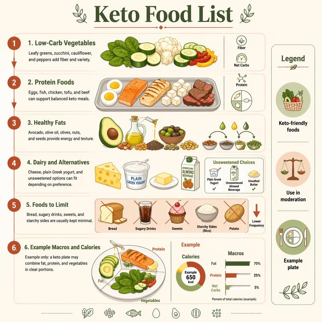 Póster infográfico vertical Keto Food List con 6 grupos de alimentos, leyenda lateral, flechas, plato ejemplo y gráficos.