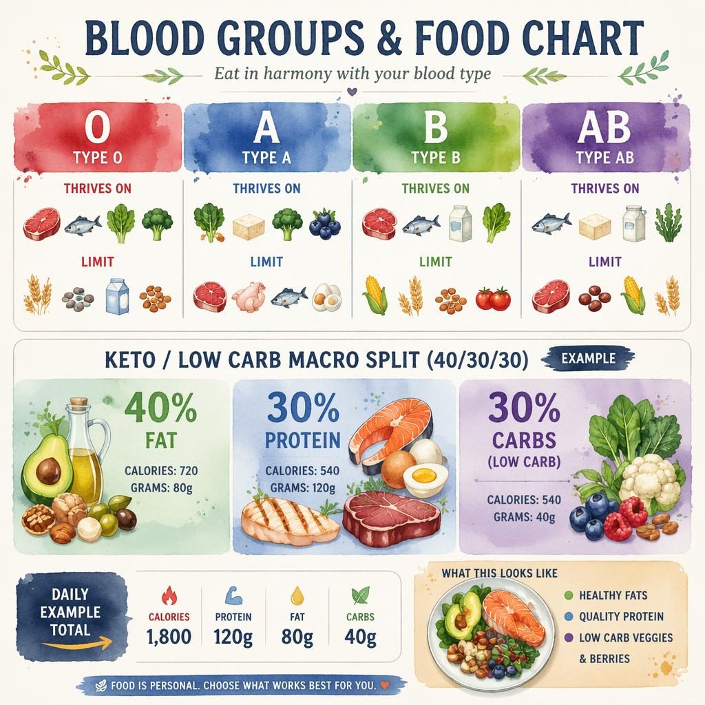 Watercolor nutrition infographic showing an example 40 30 30 macro split for a low-carb keto diet in a cozy modern palette.