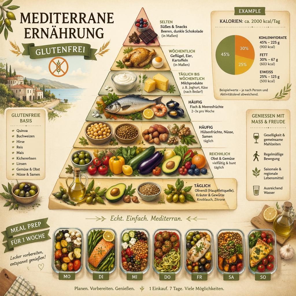Illustrative mediterrane Ernährungspyramide in warmen Vintage-Kochbuchfarben, glutenfrei, mit als Beispiel markierten Makros und Kalorien.