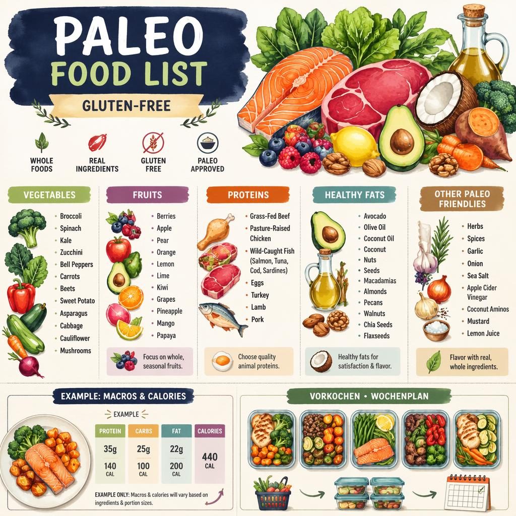 Aquarell-Infografik mit Paleo-Lebensmittelliste, glutenfreien Zutaten und als Beispiel gekennzeichneten Makros