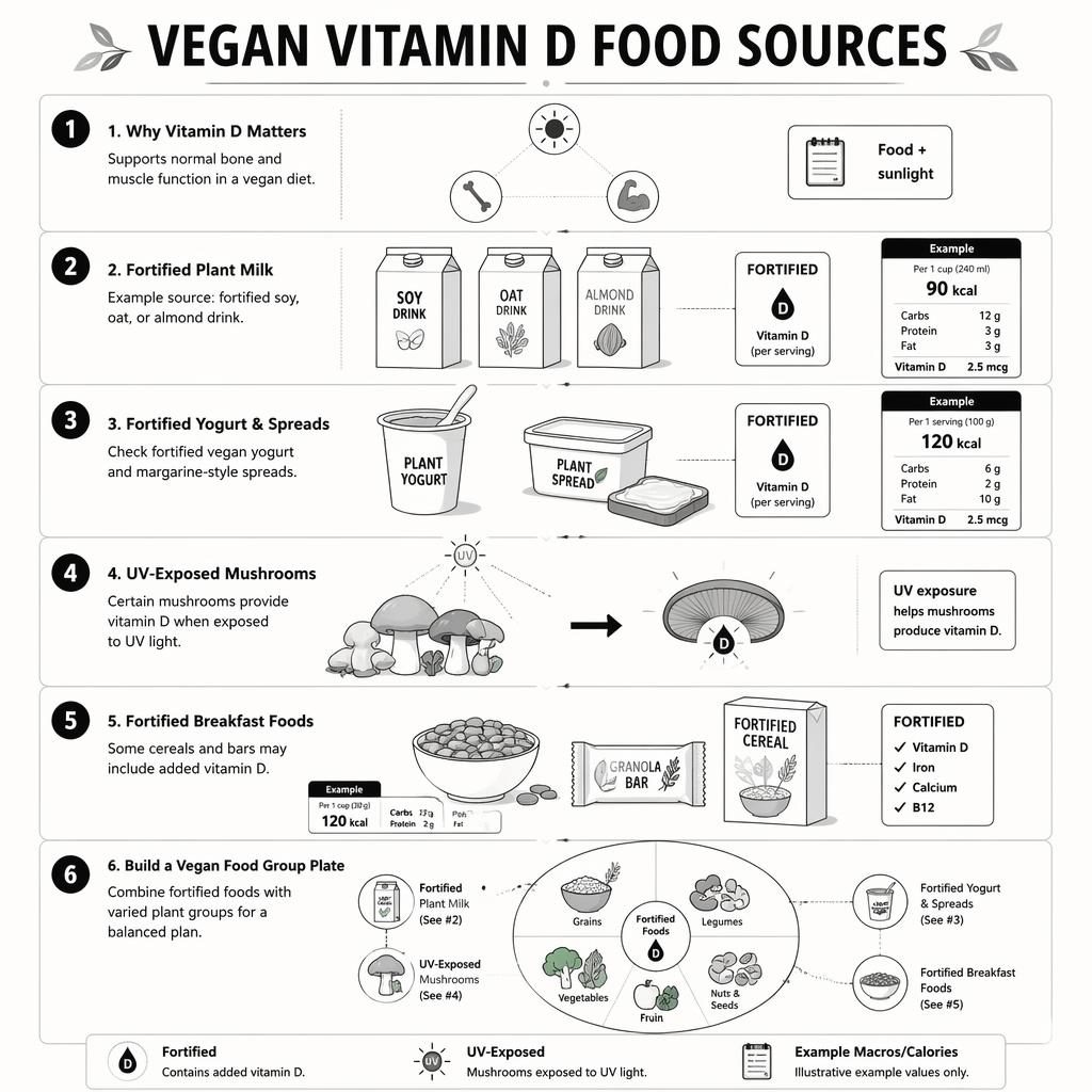 Portrait vegan vitamin D food group diet plan infographic with 6 numbered sections, arrows, icons, and monochrome food charts.