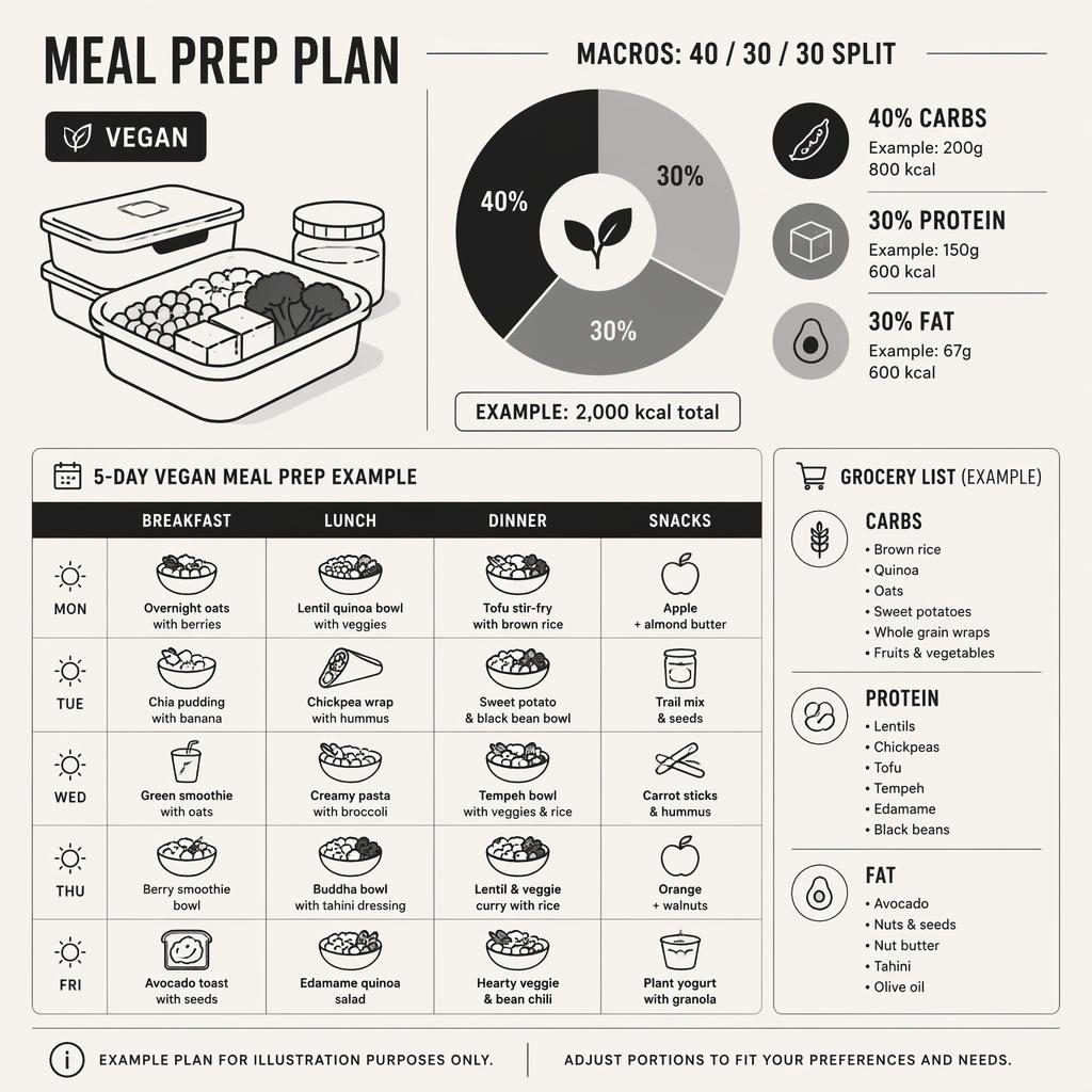 Minimalistická veganská infografika s rozdělením makroživin 40 30 30, monochromatické ikony jídel a označení příkladu.