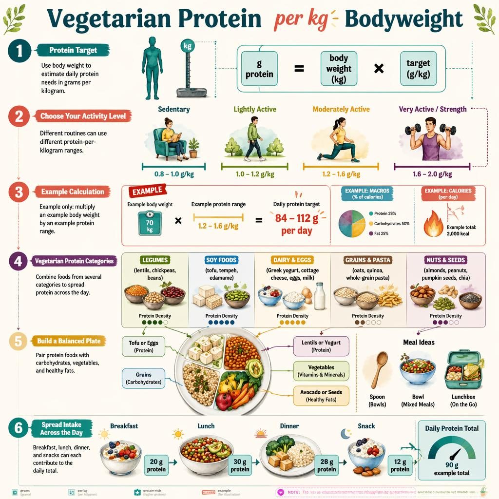 Portrait vegetarian protein infographic with 6 numbered sections, activity ranges, example math, food categories chart, plate and timeline.