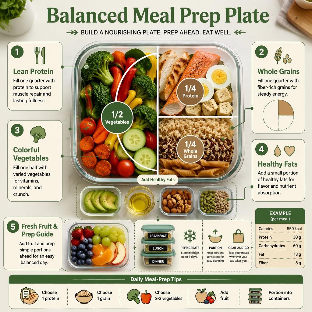 Infographie verticale d’un repas équilibré meal prep avec 5 sections numérotées, contenants, légumes, protéines, céréales et fruits.