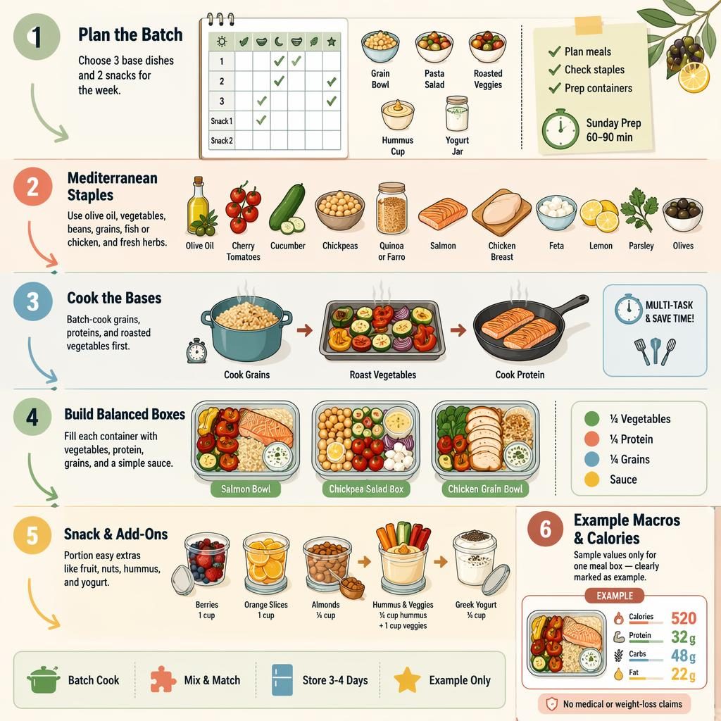 Pastellfarbene Hochformat-Infografik mit 6 nummerierten Meal-Prep-Schritten, Pfeilen, Zutaten, Boxen, Snacks und Beispiel-Makros.