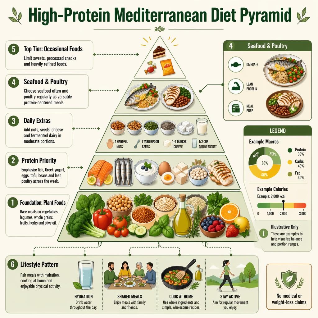 Portrait nutrition infographic of a high-protein Mediterranean diet pyramid with 6 labeled tiers, callout panels, charts, icons, and footer lifestyle band.