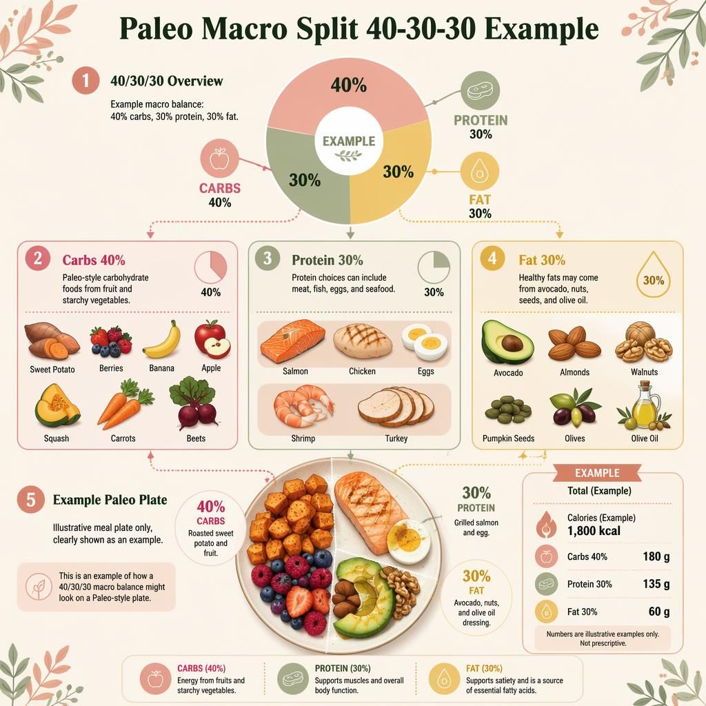 Pastel paleo macro infographic poster with donut chart, 5 numbered sections, food illustrations, arrows, and example plate.