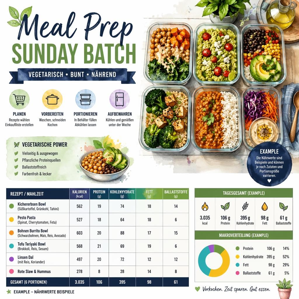 Vegetarische Meal-Prep-Infografik im Aquarellstil mit vorbereiteten Gerichten, Makros und Kalorien als Beispiel dargestellt