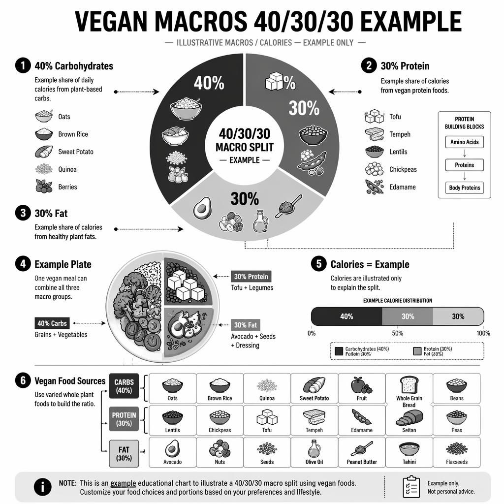 Minimal monochrome vegan macros infographic with 40/30/30 chart, example plate, calorie bar, and food source grid.